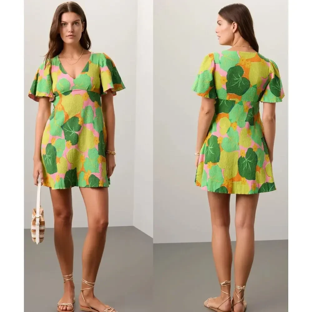 Kate Spade Cucumber Floral Dress Flutter Sleeve Mini Swing Multi 12